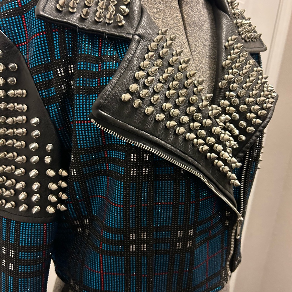 RARE Rhinestone and Riveted Spiked Clueless Plaid Cropped Leather Moto Jacket !! - Picture 4 of 7